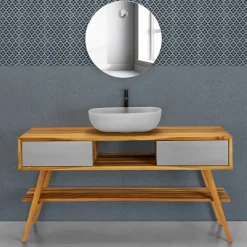 Viadurini Bathroom Badmöbel Stehend-Badezimmerschrank aus natürlichem Teakholz mit mattgrauen Schubladen - Hamadou