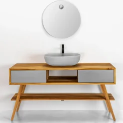 Viadurini Bathroom Badmöbel Stehend-Badezimmerschrank aus natürlichem Teakholz mit mattgrauen Schubladen - Hamadou