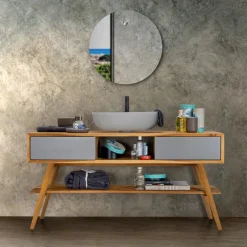 Viadurini Bathroom Badmöbel Stehend-Badezimmerschrank aus natürlichem Teakholz mit mattgrauen Schubladen - Hamadou