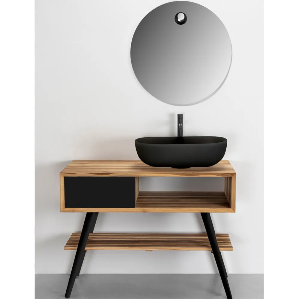 Viadurini Bathroom Badmöbel Stehend-Badezimmerschrank aus natürlichem Teakholz mit Schublade und schwarzen Beinen - Benoit