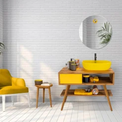 Viadurini Bathroom Badmöbel Stehend-Badezimmerschrank mit Struktur aus natürlichem Teakholz und gelber Schublade - Benoit