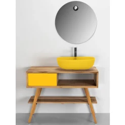 Viadurini Bathroom Badmöbel Stehend-Badezimmerschrank mit Struktur aus natürlichem Teakholz und gelber Schublade - Benoit