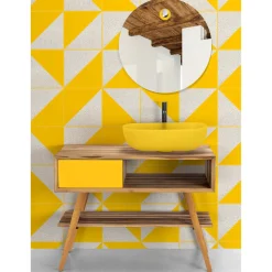 Viadurini Bathroom Badmöbel Stehend-Badezimmerschrank mit Struktur aus natürlichem Teakholz und gelber Schublade - Benoit