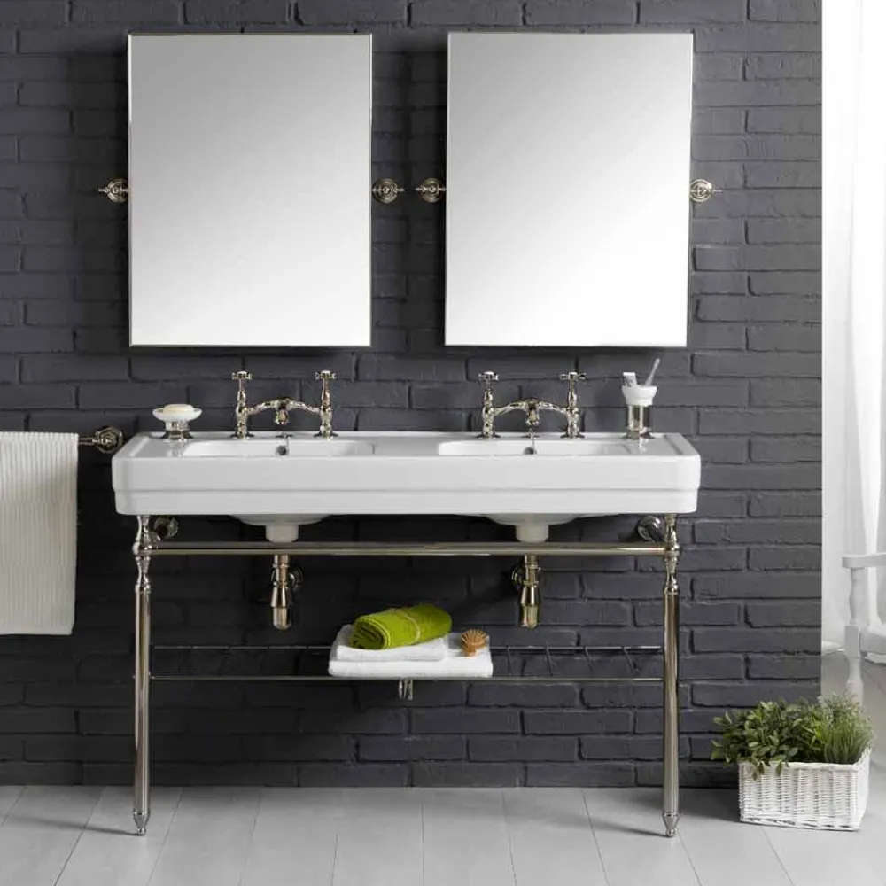 Viadurini Bathroom Badmöbel Stehend-Badezimmer-Set mit Vintage-Doppelkonsole aus weißer Keramik auf einer linearen Struktur