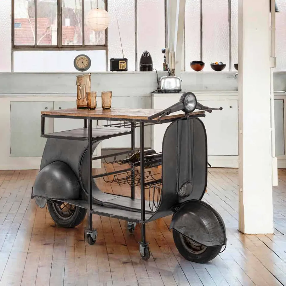 Viadurini Living Konsolentisch Flur-Bar Console aus Mangoholz und Vespa aus Stahl mit modernem Design - Schalotte