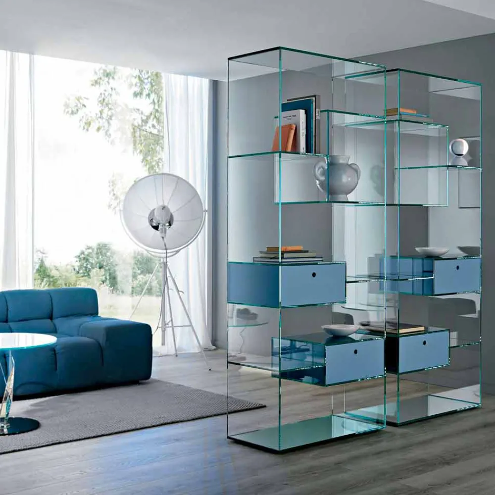 Viadurini Living Moderne Design Bücherregale-Bücherregal für Wohnzimmer aus extra klarem Glas mit oder ohne Schubladen Made in Italy - Linzy