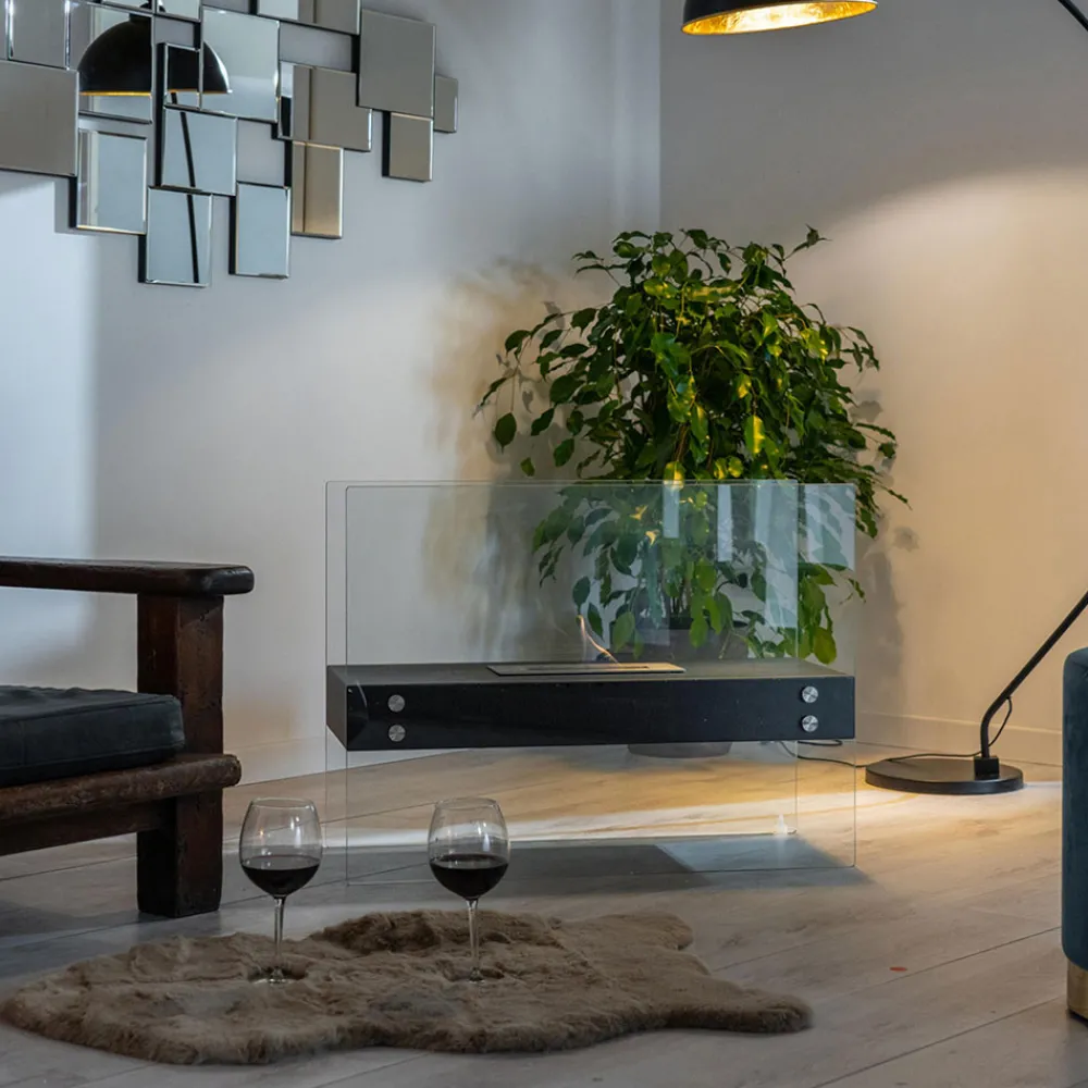 Viadurini Fire Design Bodenkamine Bioethanol-Bioethanol-Bodenkamin aus schwarzem Metall und gehärtetem Glas - Violante