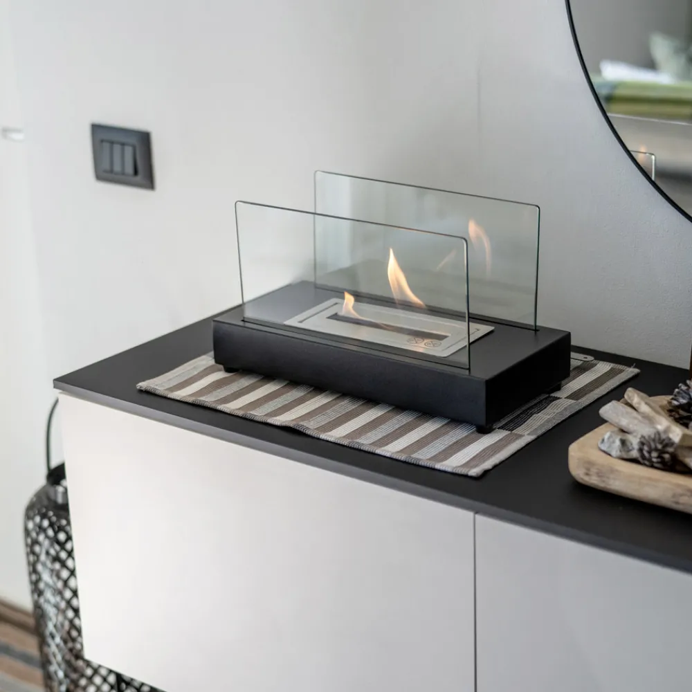 Viadurini Fire Design Tischkamine Bioethanol-Bioethanol-Tischkamin aus gehärtetem Glas und Metall – Silber