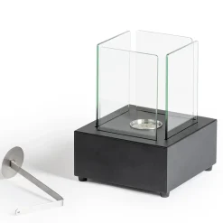 Viadurini Fire Design Bodenkamine Bioethanol-Bio-Tischkamin aus gehärtetem Glas mit Sockel aus schwarzem Metall - Coriano