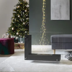 Viadurini Fire Design Bodenkamine Bioethanol-Bodenbiokamin mit doppelseitiger Struktur aus Glas und schwarzem Metall – Squillo