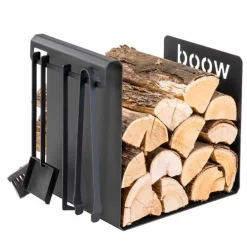 Viadurini Fire Design Kaminholzständer Aus Eisen Und Stahl-Brennholzhalter aus schwarzem Stahl mit 4 Werkzeugen Made in Italy - Phebe