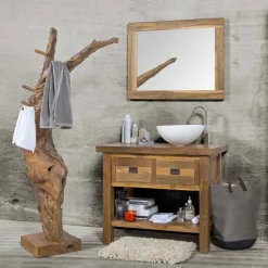 Viadurini Bathroom Badmöbel Hängend-Composition 3 Badezimmermöbel aus Teakholz mit Waschbecken aus Harz - Essence