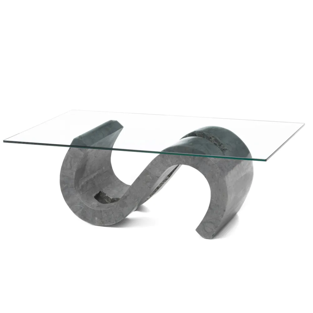 Viadurini Living Couchtische Aus Stein-Couchtisch aus gehärtetem Glas mit Sockel aus Fossilstein – Jordan