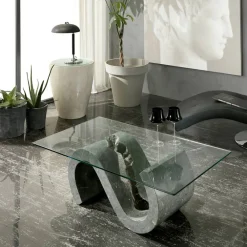 Viadurini Living Couchtische Aus Stein-Couchtisch aus gehärtetem Glas mit Sockel aus Fossilstein – Jordan