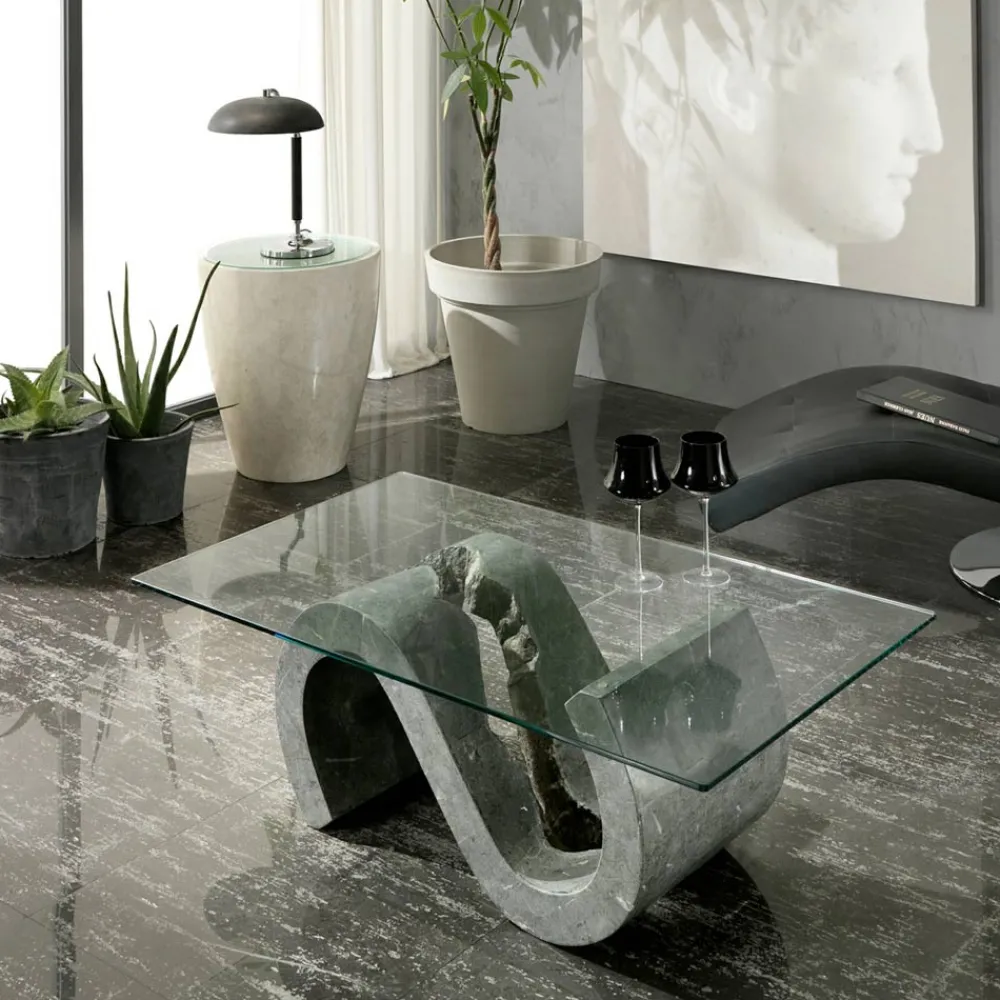Viadurini Living Couchtische Aus Stein-Couchtisch aus gehärtetem Glas mit Sockel aus Fossilstein – Jordan