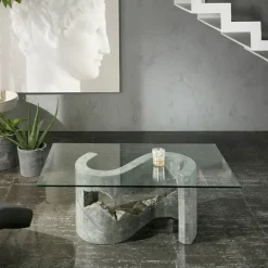 Viadurini Living Couchtische Aus Stein-Couchtisch aus gehärtetem Glas mit Sockel aus Fossilstein – Jordan