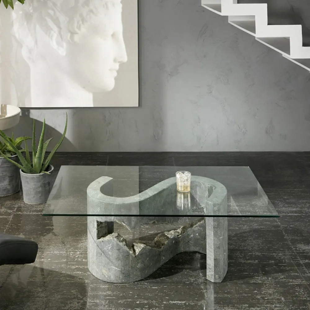 Viadurini Living Couchtische Aus Stein-Couchtisch aus gehärtetem Glas mit Sockel aus Fossilstein – Jordan