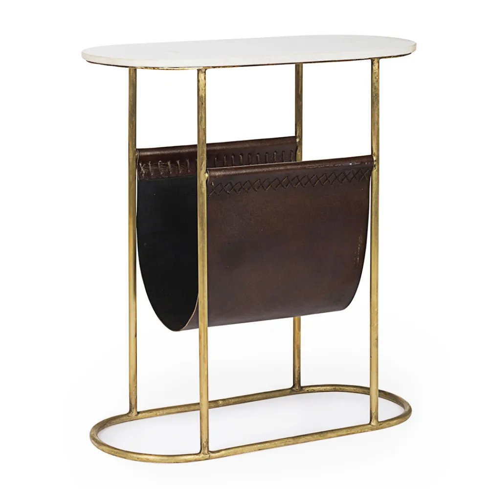 Viadurini Living Couchtische Aus Stein-Couchtisch aus Stahl und Marmor mit Zeitungsständer aus Leder - Aretone