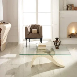 Viadurini Living Couchtische Aus Stein-Couchtisch im modernen Design mit Glasplatte und Sockel aus Fossilstein – Nachfüllen