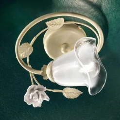 Ferroluce Vintage Deckenleuchten-Deckenleuchte aus Eisen, sandgestrahltem Glas und Keramikrosen - Siena