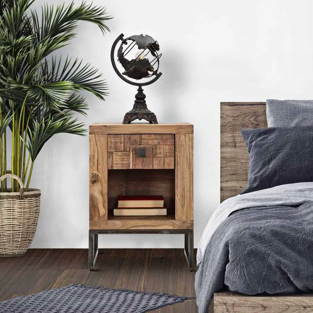 Viadurini Living Nachttische-Designer Nachttisch mit Schublade aus Akazienholz und Eisen - Dionne