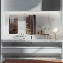 Viadurini Bathroom Badmöbel Hängend-Doppelte Badezimmerkomposition mit rechteckigem Spiegel und Waschbecken, hergestellt in Italien – Palom