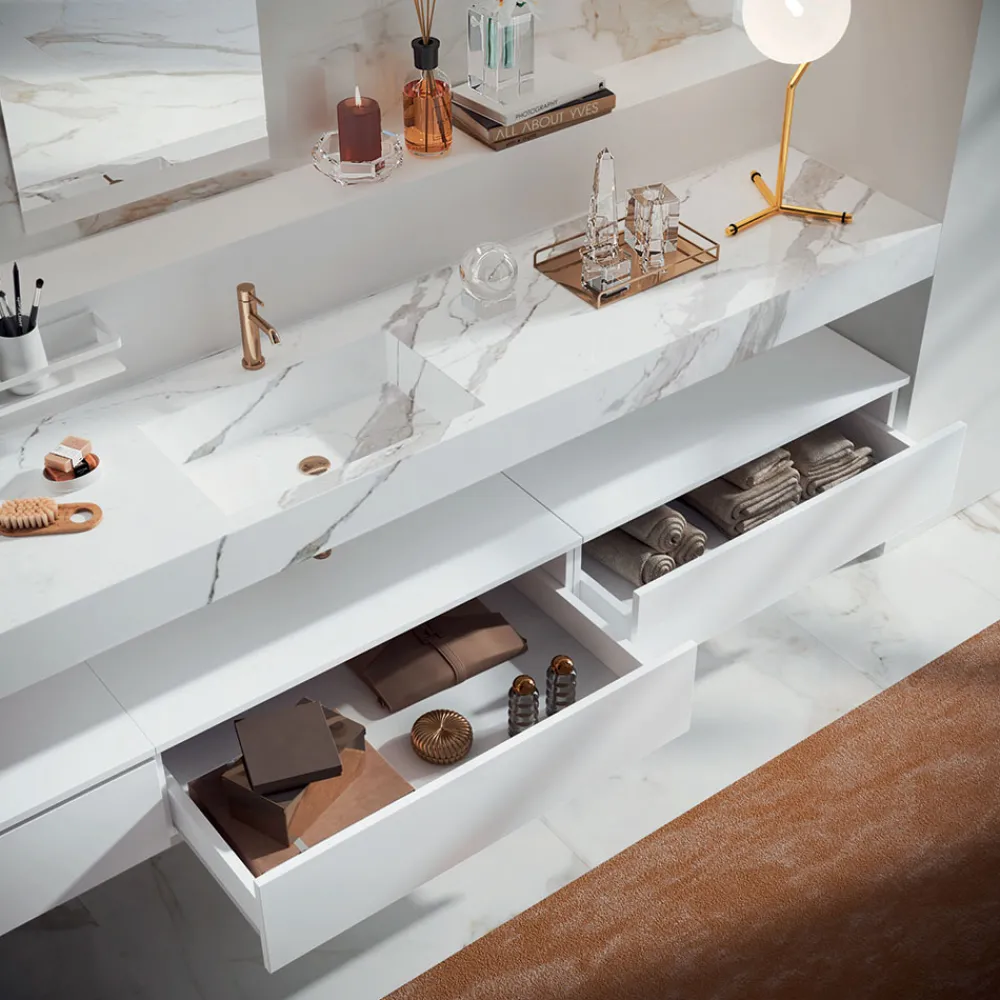 Viadurini Bathroom Badmöbel Hängend-Doppelte Badezimmerkomposition mit rechteckigem Spiegel und Waschbecken, hergestellt in Italien – Palom