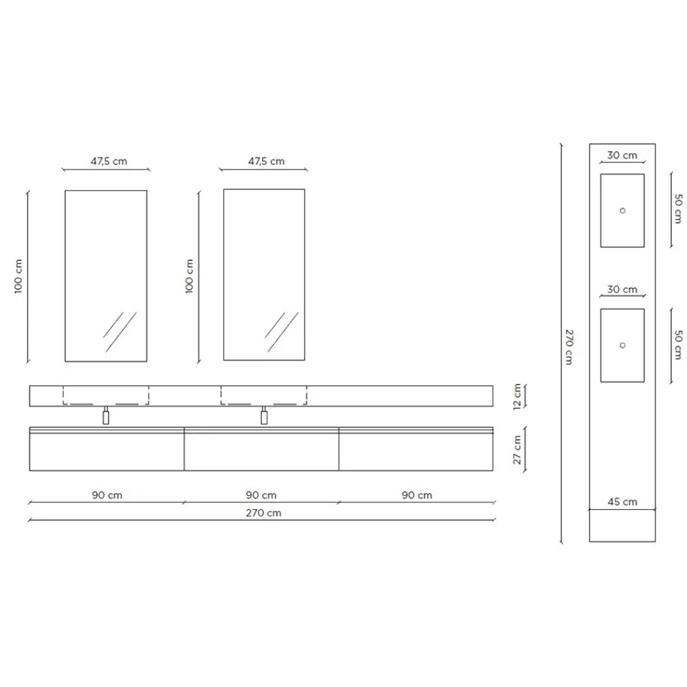 Viadurini Bathroom Badmöbel Hängend-Doppelte Badezimmerkomposition mit rechteckigem Spiegel und Waschbecken, hergestellt in Italien – Palom