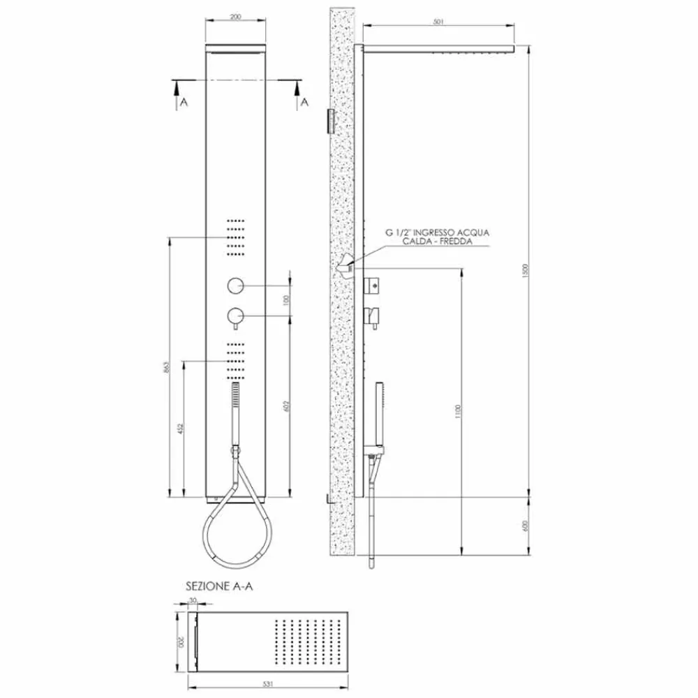 Viadurini Taps Duschsäulen-Duschsäule Stahlblech mit Regenduschkopf Made in Italy - Sailor
