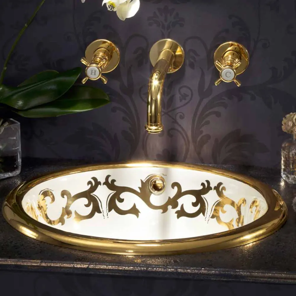 Viadurini Bathroom Waschbecken Aus Fire Clay-Einbauwaschbecken Deko aus Fire Clay und 24k Gold handgemacht, Otis