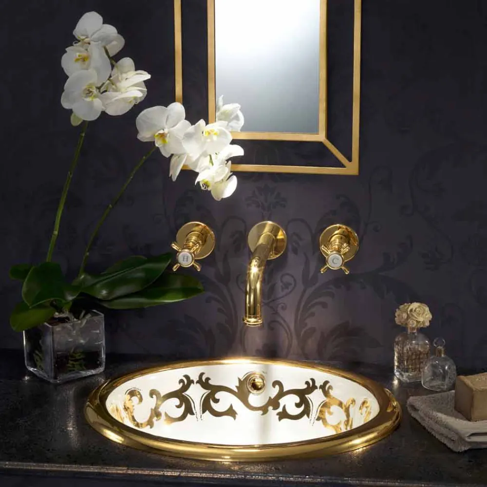 Viadurini Bathroom Waschbecken Aus Fire Clay-Einbauwaschbecken Deko aus Fire Clay und 24k Gold handgemacht, Otis