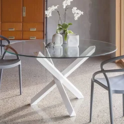 Viadurini Living Runde Tische-Esstisch aus massiver Buche und Platte aus gehärtetem Glas - Evergreen