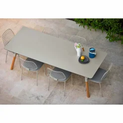 Varaschin Gartentische Fest-Esstisch HPL Tischplatte und Tischbeine aus Teakholz H75 cm Link