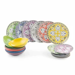 Viadurini Kitchen Teller Set-Ethnischer Geschirrservice aus Porzellan und farbigem und modernem Steinzeug 18 Stück - Fez
