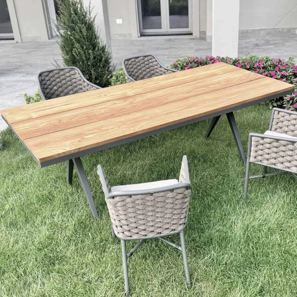 Viadurini in the Garden Gartentische Aus Aluminium-Fester Außentisch 220x100 cm aus Aluminium und massivem Teakholz - Nara