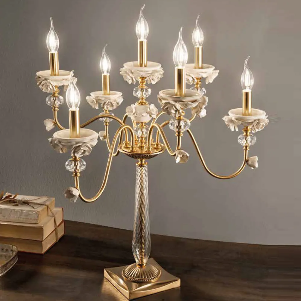 Viadurini Lighting Klassische Tischlampen-Flambeaux 7 Lights Klassische Lampe aus Porzellan und mundgeblasenem Glas - Eteria
