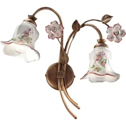 Ferroluce Vintage Wandleuchten-2-flammige Wandlampe aus Metall und handverzierter Keramik mit Rose - Pisa