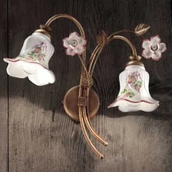 Ferroluce Vintage Wandleuchten-2-flammige Wandlampe aus Metall und handverzierter Keramik mit Rose - Pisa