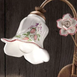 Ferroluce Vintage Wandleuchten-2-flammige Wandlampe aus Metall und handverzierter Keramik mit Rose - Pisa