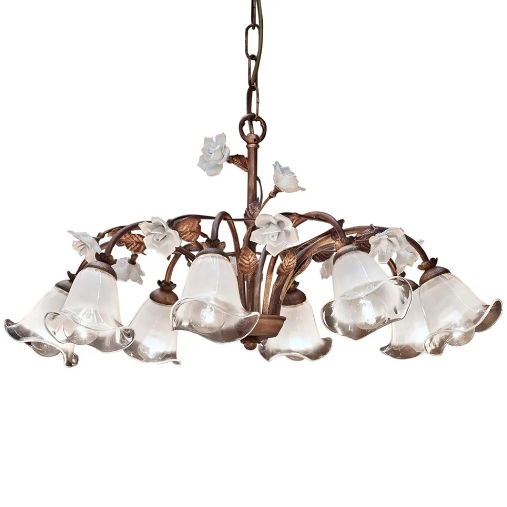 Ferroluce Vintage Kronleuchter-8-flammiger Kronleuchter aus Eisen und sandgestrahltem Glas mit Keramikrosen - Siena