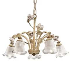 Ferroluce Vintage Kronleuchter-5-flammiger Kronleuchter aus Eisen und sandgestrahltem Glas mit Keramikrosen - Siena