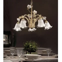 Ferroluce Vintage Kronleuchter-5-flammiger Kronleuchter aus Eisen und sandgestrahltem Glas mit Keramikrosen - Siena