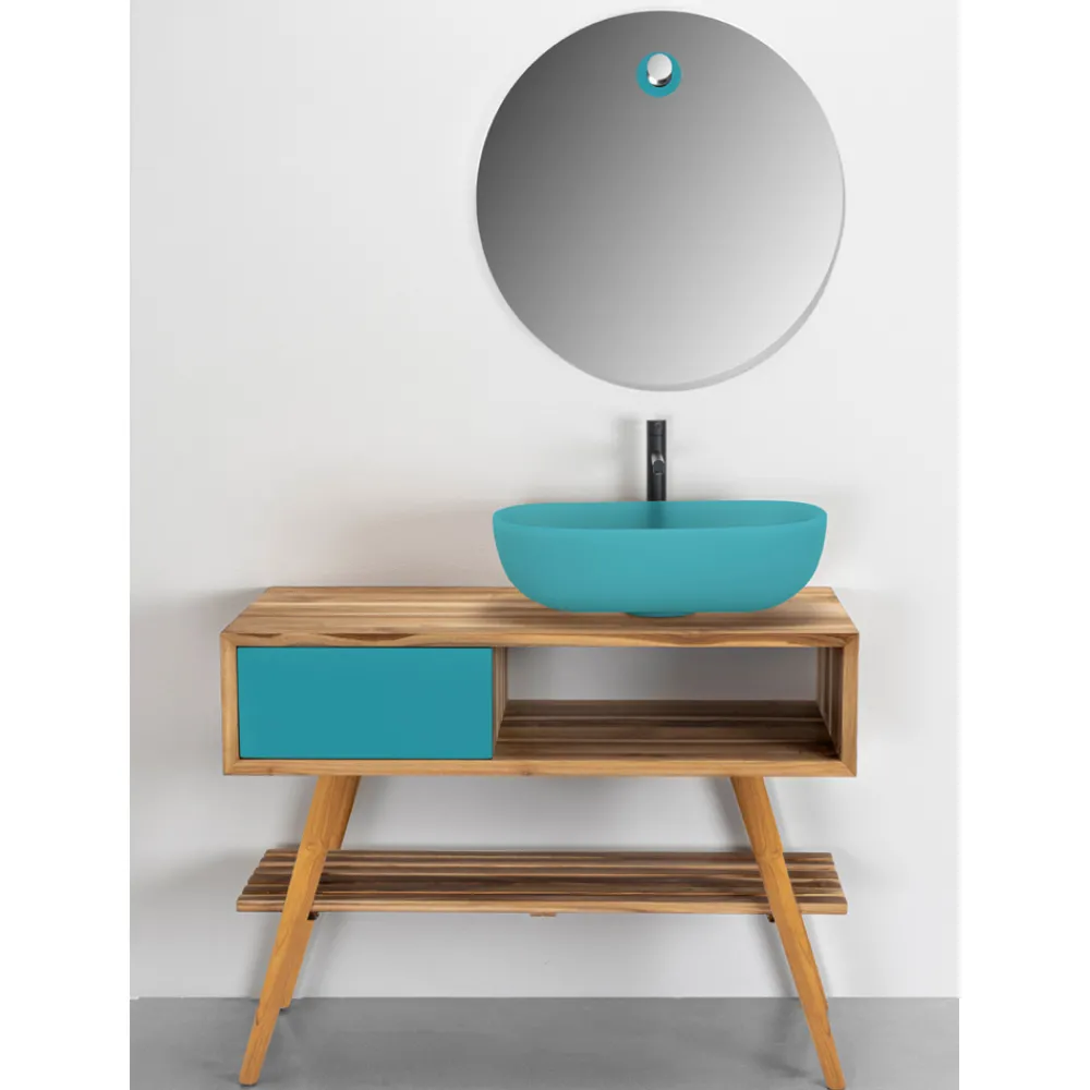 Viadurini Bathroom Badmöbel Stehend-Freistehender Badezimmerschrank mit Struktur aus Teakholz und Schublade aus Mahagoni - Benoit