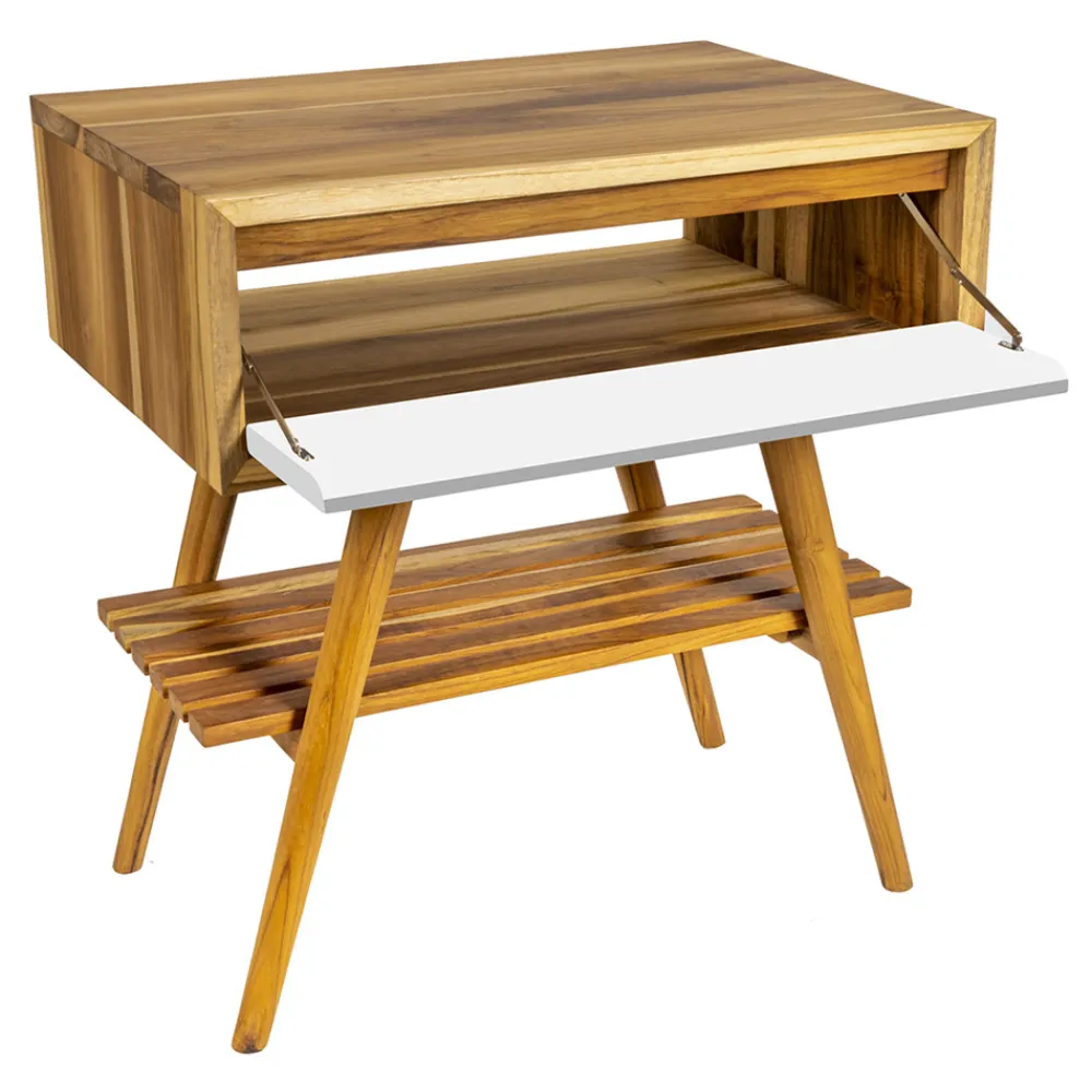 Viadurini Bathroom Badmöbel Stehend-Freistehender Badezimmerschrank aus natürlichem Teakholz mit weißer Mahagonischublade - Gatien