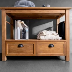 Viadurini Bathroom Badmöbel Stehend-Freistehender Badezimmerschrank aus Teakholz mit zwei Schubladen – Frangipani