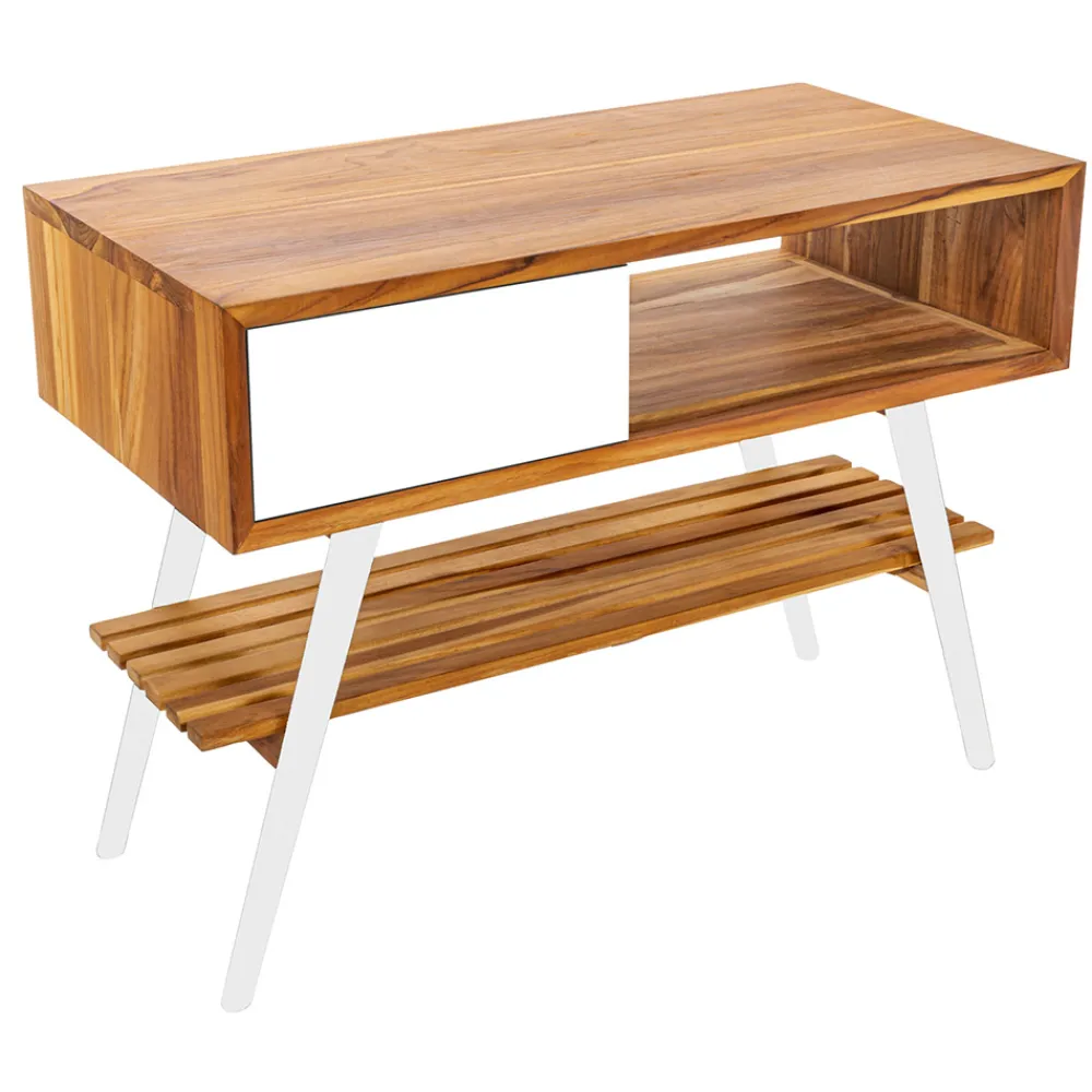 Viadurini Bathroom Badmöbel Stehend-Freistehender Badezimmerschrank aus natürlichem Teakholz und weiß lackiertem Mahagoni - Benoit