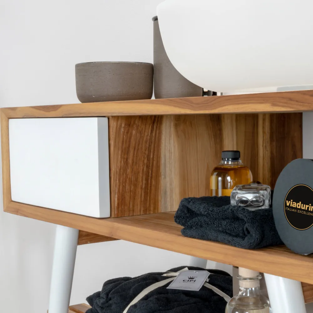 Viadurini Bathroom Badmöbel Stehend-Freistehender Badezimmerschrank aus natürlichem Teakholz und weiß lackiertem Mahagoni - Benoit