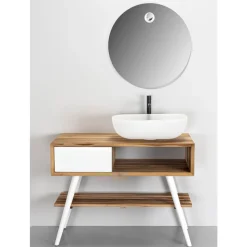 Viadurini Bathroom Badmöbel Stehend-Freistehender Badezimmerschrank aus natürlichem Teakholz und weiß lackiertem Mahagoni - Benoit