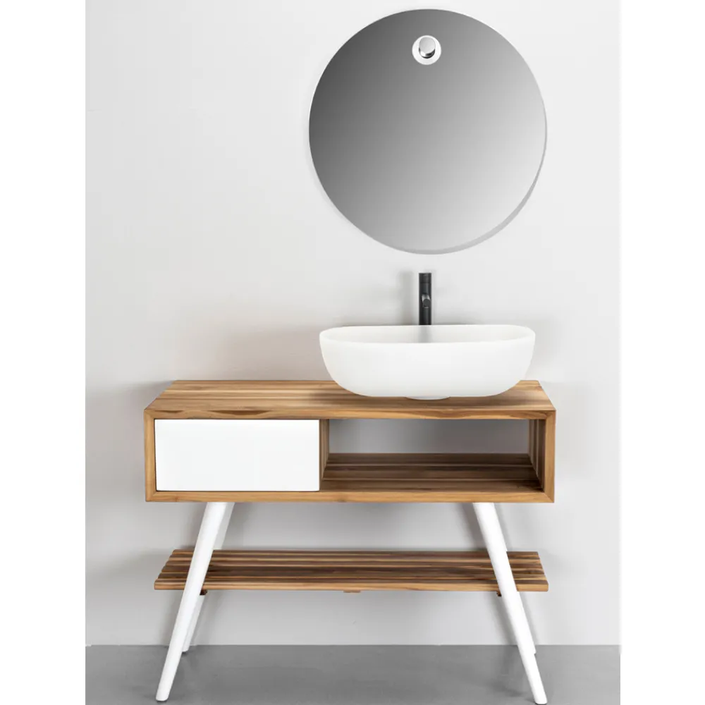 Viadurini Bathroom Badmöbel Stehend-Freistehender Badezimmerschrank aus natürlichem Teakholz und weiß lackiertem Mahagoni - Benoit