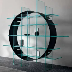 Viadurini Living Moderne Design Bücherregale-Freistehendes Circle Bücherregal aus extraklarem Glas und gebürstetem Schwarz - Marco